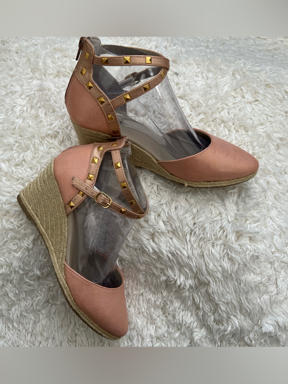 Rialto Campari Peach Espadrille Wedge Sandals Women’s Size 8 Studded Ankle Strap